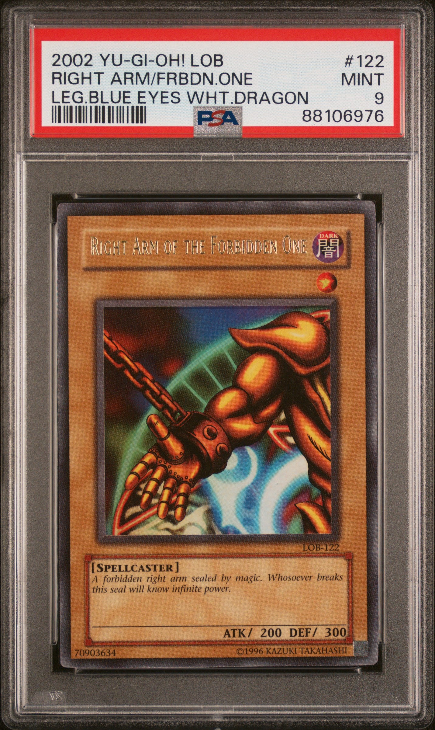 2002 LOB-LEGEND OF BLUE EYES WHITE DRAGON #122 RIGHT ARM OF THE FORBIDDEN ONE PSA 9